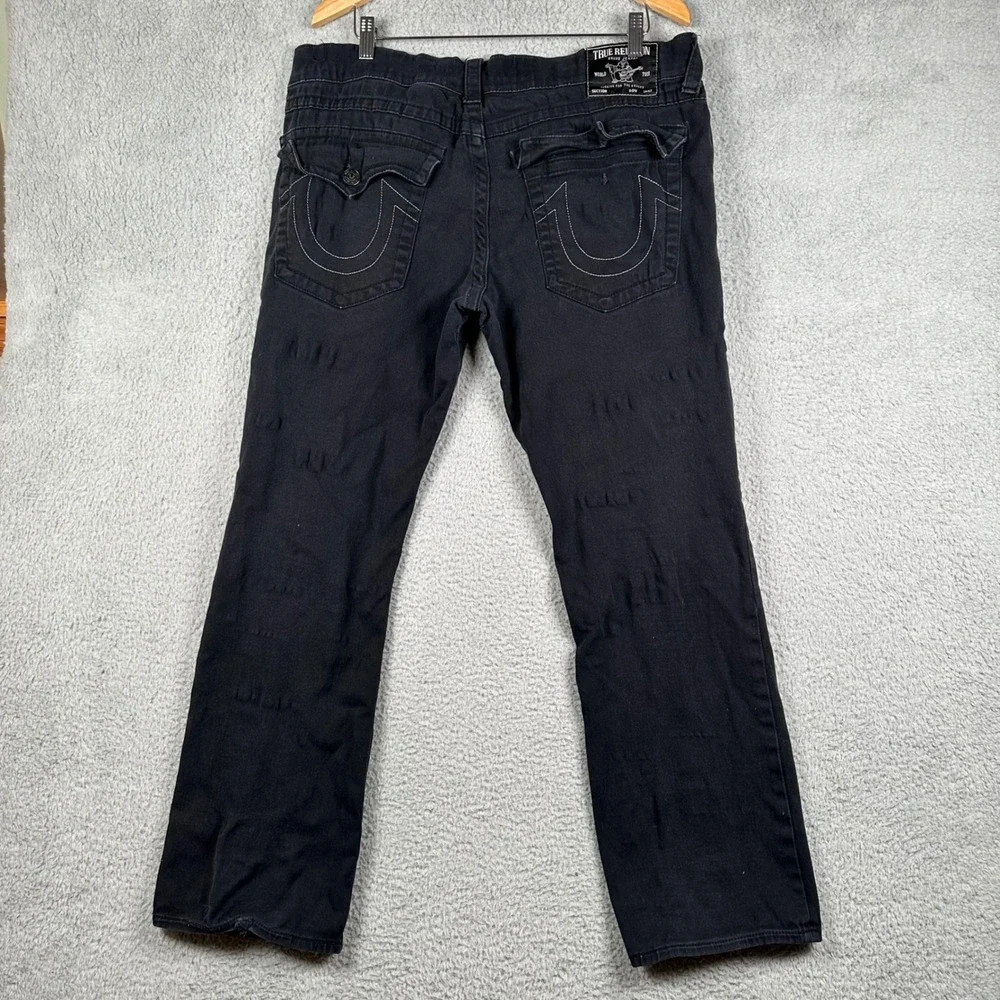 True Religion Ricky Relaxed Straight Jeans Mens‎ 34 (fit 38x30) Black Distressed